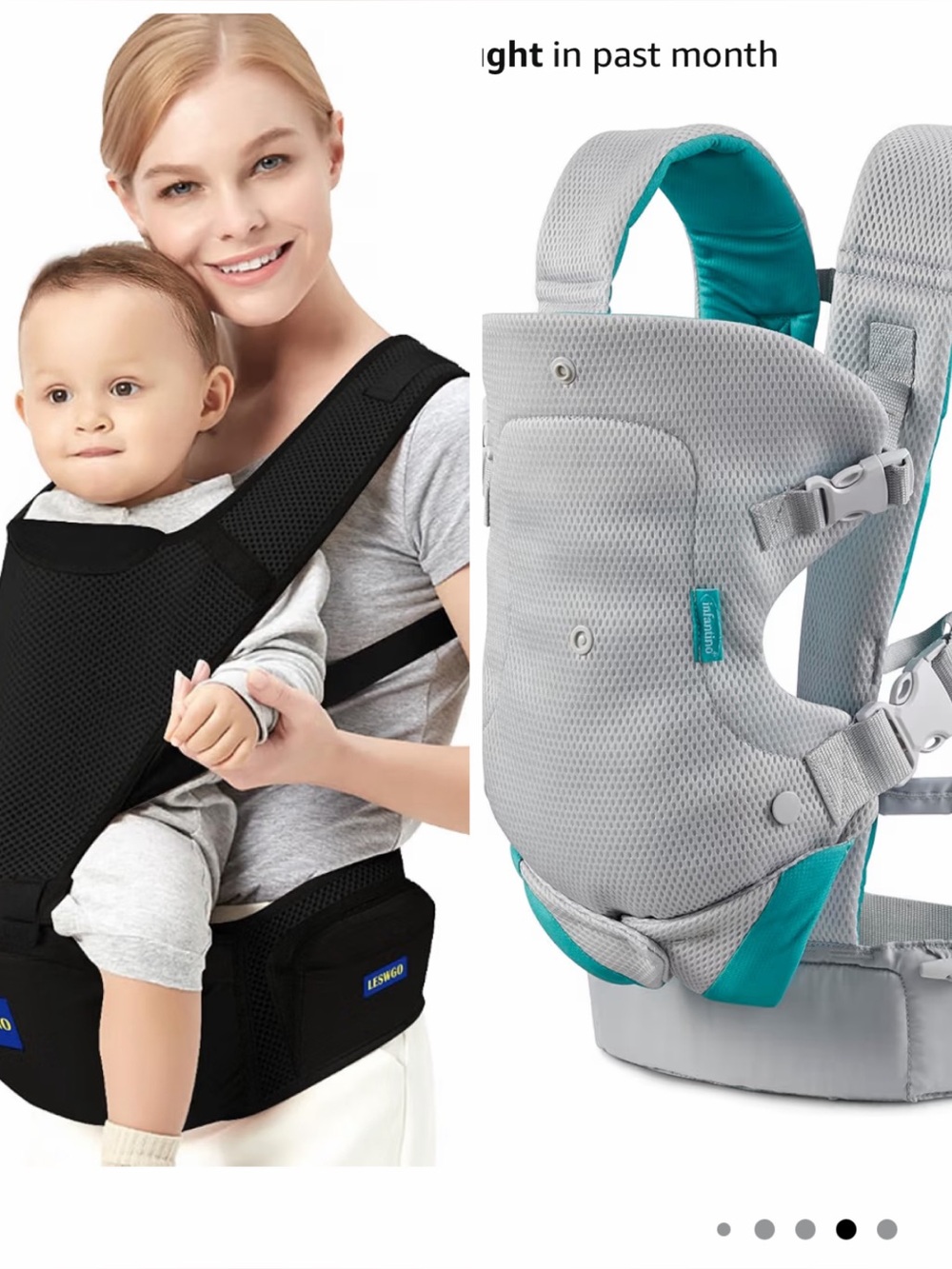 Two Baby Carriers Infantino Flip and Amazon brand Carrier with Hip Carrier